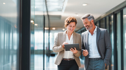 Smiling business people using tablet and discussing work in office hallway