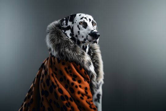 Dalmatian dog is wearing a fur coat and standing in front of a grey wall. The dog appears to be posing for a picture, and the fur coat gives it a regal and elegant appearance