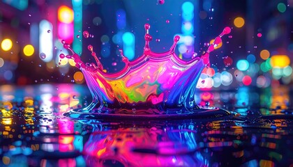 Vibrant Water Splash with Colorful Reflections in Urban Setting