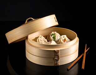 Steamed dumplings in a bamboo steamer (2)