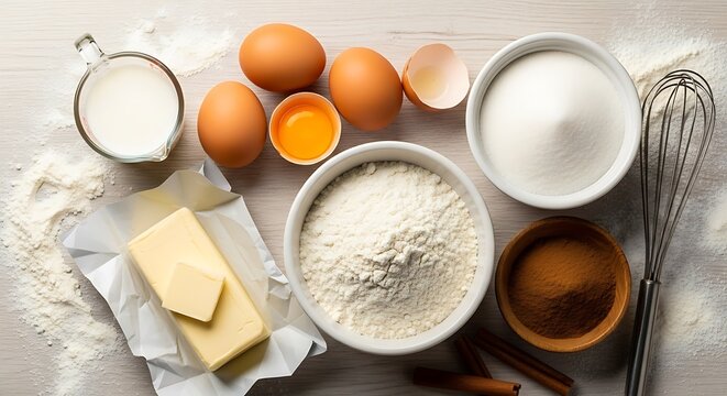 Baking Ingredients - Flour, Sugar, Eggs, Butter, and Milk Preparation.