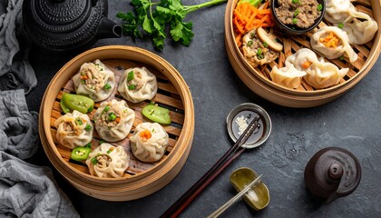 Steamed dumplings in bamboo steamer baskets
