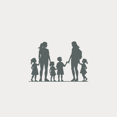 Silhouette of two women holding hands with four children between them, representing family and togetherness.
