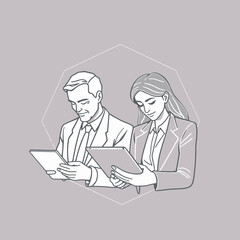 Two business people looking at tablets, line art.