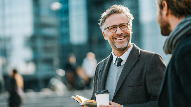 Smiling businessman holding coffee and book chatting with colleague outdoors