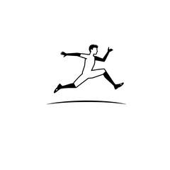 A minimalist black and white illustration of a person in mid-jump or running stride over a curved line, depicting motion and athleticism.