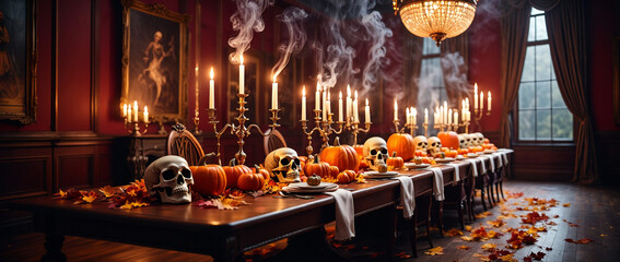 Spooky halloween table setting with skulls pumpkins and candles illuminated for a festive gathering