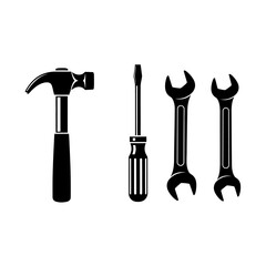 A set of black silhouette icons featuring a hammer, screwdriver, and two wrenches on a white background.