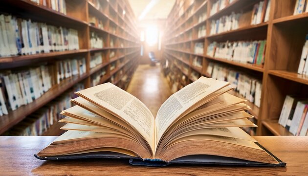 book in library with old open textbook stack piles f literature text archive n reading desk and aisle f bookshelves in school stdy class room background fr academic education learnng concept