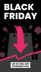 Black Friday sale promotion with shopping bag gift boxes and price tags Great savings