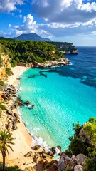 Coastal view featuring a turquoise bay, sandy beach, cliffs, greenery, mountains, and a blue sky