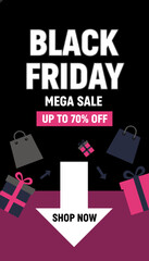 Black Friday Mega Sale banner design with shopping bags and gift boxes for promotions