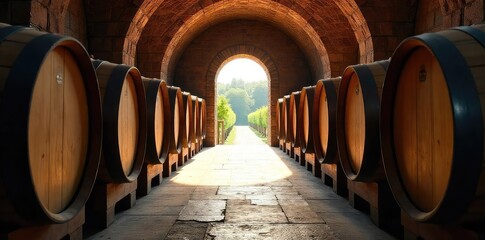 Rows of oak barrels aged in a cool, dark vineyard wine cellar, sunlight streaming through a high arched doorway The scene evokes the rich history and craftsmanship of winemaking , rural, drink