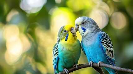 Two colorful parakeets perched on a branch in a lush green environment.