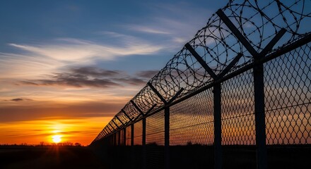 Barbed Wire Fence at Sunset - Security and Border Control.