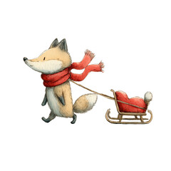 Cute fox pulling a sled in a snowy landscape wearing a cozy red scarf during winter afternoons