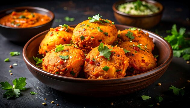 Spicy potato balls in a bowl, garnished with fresh herbs