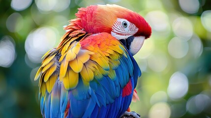 A vibrant parrot with colorful feathers perched on a branch against a blurred green background.
