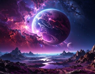 Epic cosmic vista showing an alien planet and nebula clouds
