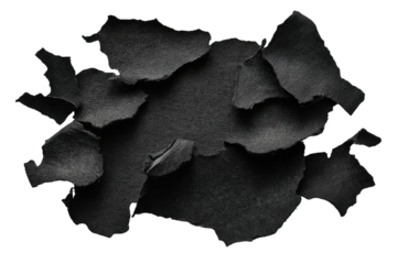 A collection of irregularly torn black paper fragments on a black background