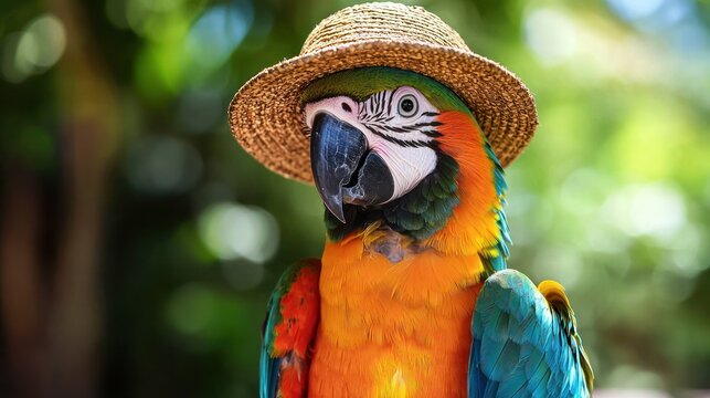 A colorful parrot wearing a straw hat, perched on a branch with green leaves in the background.