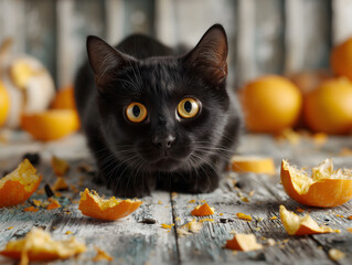 Scared black cat with pumpkin's in the background