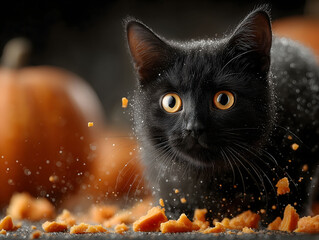 Black cat with smashed pumpkin 