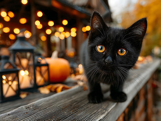 Black cat on the table with Halloween decoration