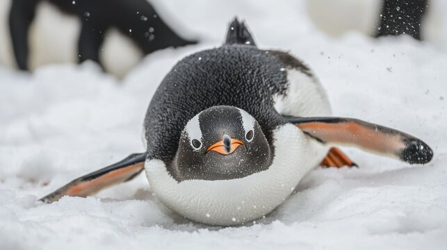 A Gentoo penguin lying on its back in the snow with its head down.