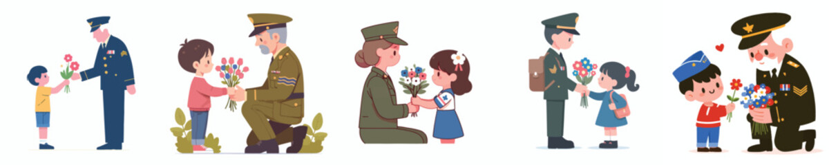 children give flowers to veteran soldiers