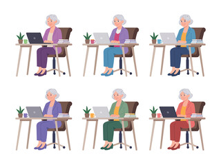 Senior woman working on laptop different color variations isolated vector set