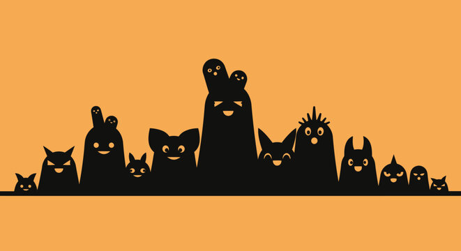 Silhouette of a group of cute and spooky Halloween monsters.