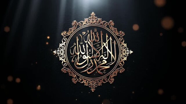 Beautiful Kalma Arabic Calligraphy Golden Scenic View with Ornamental Islamic Design, Elegant Spiritual Arabic Typography video 4k