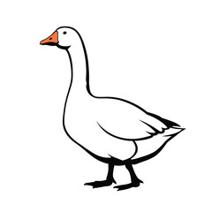 Simple outline drawing of a white goose standing gracefully facing left silhouette