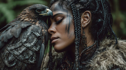 Portrait of a young woman with a eagle