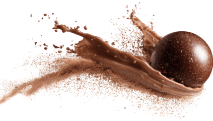 Chocolate sphere amid a dynamic splash of rich brown liquid and cocoa powder, creating an ethereal effect