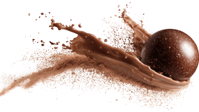 Chocolate sphere amid a dynamic splash of rich brown liquid and cocoa powder, creating an ethereal effect