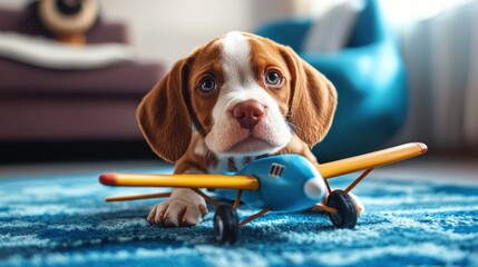 A brown and white puppy with a toy airplane on a blue rug.