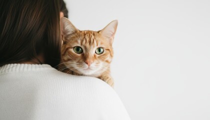Warm, reassuring moment as a ginger tabby rests on a woman’s shoulder, looking calmly toward the camera