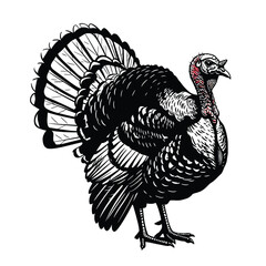 Detailed black and white drawing of a majestic turkey displaying its fan tail feathers silhouette © Komla02