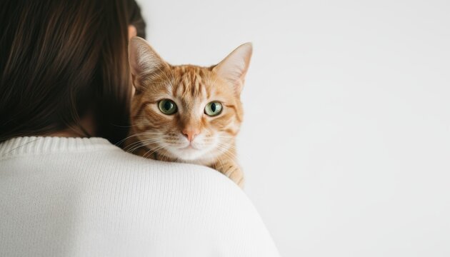 Warm, reassuring moment as a ginger tabby rests on a woman’s shoulder, looking calmly toward the camera