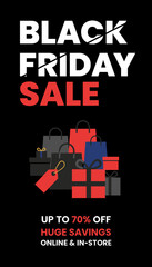 Black Friday Sale banner with shopping bags and gifts Seasonal retail promotion for huge savings