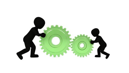 Black Silhouette Figures Diligently Push Transparent Green Gears, Signifying Collaboration, Intricate Teamwork, and Collective Effort in Driving Progress and Achieving Shared Objectives