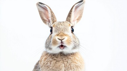 Fototapeta premium A brown and white rabbit with a surprised expression on a white background.