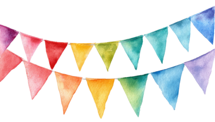 Watercolor illustration of a festive banner with colorful triangle flags, strung across a dark background