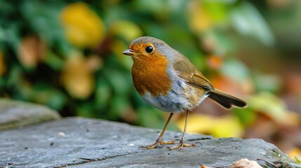 Fototapeta premium A robin perched on a rock with autumn leaves in the background.