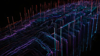 A vivid digital landscape unfolds, a mesmerizing display of data visualization, with glowing lines and shapes against a stark black backdrop.