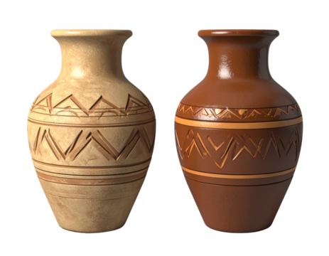 Two handcrafted ceramic vessels with tribal motifs isolated on transparent background