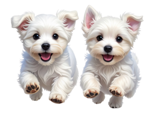 Two joyful Maltese puppies in action isolated on white background