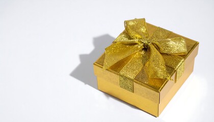 Shiny gold gift box sits on white background. Ideal for marketing, banners, holidays, promotions, web design, celebrating festive occasions, giving, and design.